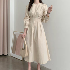 VONDA ladies Japanese and Korean casual solid color dresses, elegant and simple casual round neck pleated waist long-sleeved A-line skirt, large-size skirt, daily spring and autumn large size trend long skirt