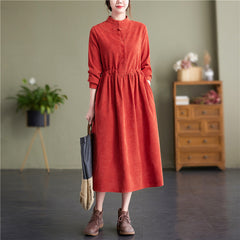 Spring 2023 new style literary and artistic retro button stand collar casual temperament versatile corduroy dress