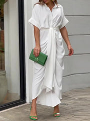 ملابس نسائية أوروبية وأمريكية بلون سادة وطية صدر واحدة وطيات وربطة عنق على الخصر