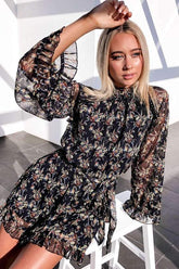 Long-sleeved dress, short skirt, printed short skirt, chiffon temperament, commuter women's clothing