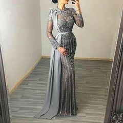 2023 European and American new round neck long-sleeved see-through banquet evening dress slim sequins solid color embroidered floor mopping dress