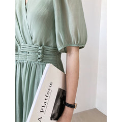 Elegant V-neck short-sleeved chiffon dress ladies Chinese buckle waist length dress ladies gentle casual wear Summer