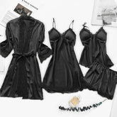 4PC Silk Robe Sleep Suit Womens Lace Satin Pajamas Gown Set V Neck Cami Nighties Wear Pijama Home Nightwear Spring Nightdress