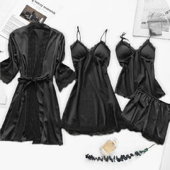 4PC Silk Robe Sleep Suit Womens Lace Satin Pajamas Gown Set V Neck Cami Nighties Wear Pijama Home Nightwear Spring Nightdress