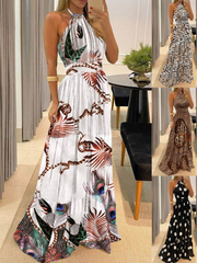 فستان ماكسي صيفي بحزام رسن بوهو بطباعة رقمية