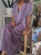 Amazon's foreign trade to Europe and the United States women's fashion summer V collar short sleeve cotton pure color loose big yards dress