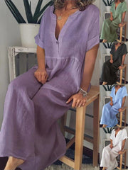 Amazon's foreign trade to Europe and the United States women's fashion summer V collar short sleeve cotton pure color loose big yards dress