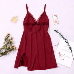 Sexy Lingerie Women Nightdress Lace Mini Dress Deep V Neck Nightgown Bow Sleepwear Strap Sling Summer Sleepwear Robe Femme
