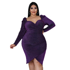 European and American plus size women's V-neck irregular short skirt slim sexy slim evening dress dress