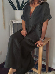 Amazon's foreign trade to Europe and the United States women's fashion summer V collar short sleeve cotton pure color loose big yards dress