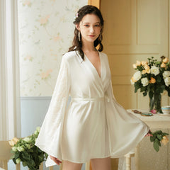 Long sleeved nightgown female spring and Summer Palace wind silk pajamas sweet large size ice silk home clothes