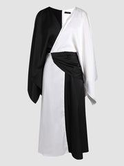 Elegant satin dress with black and white contrast stitching