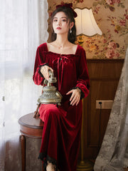 women Sleepwear Female autumn Winter Full Sleeves Thicken Velvet Homedress Fashion Square Collar Home Clothes Long Vintage Nightgown