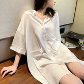 Nightdress Women Summer Plus Size Pajamas Shirt Skirt Home Service Female Pocket V Neck Solid White Night Skirt Sexy Nightgowns