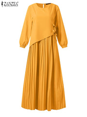 ZANZEA Women Muslim Dresses Abaya Kaftan Solid O-Neck Long Sleeve Lace-Up Pleated Design Mid-Calf Length Dress Fashion Casual Loose Ladies Vestido
