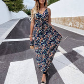 فستان بوهو زهري عتيق بدون أكمام أنيق للنساء للصيف بدون أكتاف وفتحة رقبة على شكل V فساتين شاطئ كاجوال للسيدات فستان طويل بدون أكمام