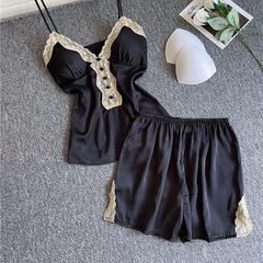 Pajamas Woman sleepwear Summer Satin Nightwear Two Piece set Suit casual Camisole and shorts set Nightgown Soft Home Clothing Lace Patchwork Homewear
