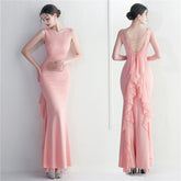 Best-selling models Multi-color heavy craft beaded satin and chiffon wedding dinner etiquette sexy dress long