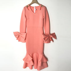 Round neck bow hollow large size slim ruffled high waist flared long sleeve dress women