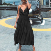 Celmia Ms. European and American style pure color temperament vacation style V-neck sexy fashion trend elegant loose leisure and elegant suspender dress