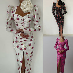 Women's Long Sleeve Bodycon Dress Elegant Drape Square Neck Party Dress Casual Floral Print Slim Dress