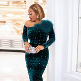 Sexy Slanted Shoulder Maxi Dress Velvet Party Dress Women's Sequin Dress