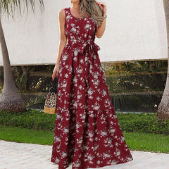 Celmia Ms. Bohemian resort style floral print dress European and American fashion temperament elegant round neck sleeveless lace-up skirt daily summer plus size trend seaside dating A-line skirt long skirt