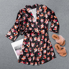 European and American bathrobe silk women's home sleep pajamas fox print micro-bomb home clothes