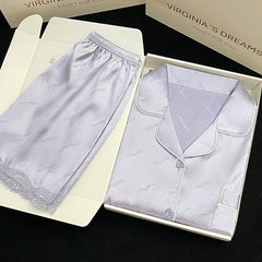 بيجامة جاكار وطباعة رقمية للسيدات صيفية من الحرير الجليدي بقسم رفيع - شورت قصير الأكمام ذو قيمة