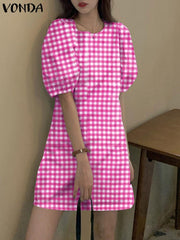 VONDA Elegant Dresses For Women 2022 Lattice Round Neck Short Puff Sleeve A-Line Vestidos Bohemian Party Casual Summer Plus Size Short Dresses