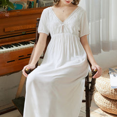 Vintage Lace Peignoir Nightgown Women Cotton Sexy V Neck Nighty Victorian Long Night Dress Sleepwear Lady Lounge Nightwear