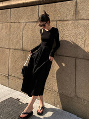 Vintage Knit Maxi Women's Wedding Dress O Neck Office Ladies Casual Pocket Bodycon Midi Dress 2022 Winter Black