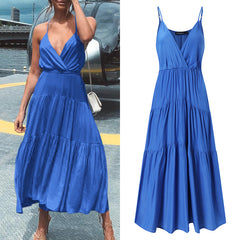 Celmia Ms. European and American style pure color temperament vacation style V-neck sexy fashion trend elegant loose leisure and elegant suspender dress