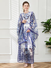 490 real shot retro court style round neck horn long sleeve loose blue and white porcelain printed A-line skirt Tencel long skirt