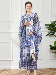 490 real shot retro court style round neck horn long sleeve loose blue and white porcelain printed A-line skirt Tencel long skirt