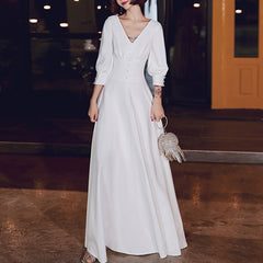 Ladies V-Neck Long Mid-Sleeve Simple Banquet Evening Dress LX095