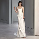 French satin light wedding dress 2023 new retro simple going out yarn small trailing suspender dress evening dress