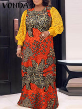 فوندا نساء بوهو خمر نمط عشوائي مطبوعة ماكسي فساتين طويلة Sping الخريف عادية فضفاض س الرقبة نفخة كم الدانتيل المرقعة فساتين حجم كبير