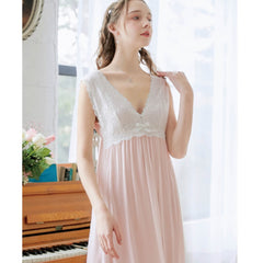 Romantic Nightgowns Women Cotton Night Dress Sleeveless Long Robe Vintage Sexy Lace Sleepwear Peignoir Room Wear