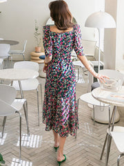 Korean Elegant Women's Dress Temperament Casual Flowers Sexy Square Neck Slim Midi Party Beach Robe Woman Woman Vest