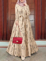 ZANZEA Women Muslim Thin Dresses Abaya Kaftan Stripe Print O-Neck Long Sleeve Vintage Long Thin Dress Fashion Holiday Casual Ladies Vestido