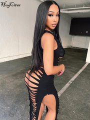 Hugcitar الصلبة الجوف خارج انظر من خلال أكمام كاشفة فستان ماكسي مثير Bodycon 2022 الصيف ملابس النساء الموضة بحر