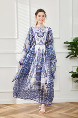 490 real shot retro court style round neck horn long sleeve loose blue and white porcelain printed A-line skirt Tencel long skirt