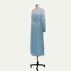 حار بيع السلع بقعة نمط جديد للمرأة التجارة الخارجية شعبية الخامس الرقبة فستان طويل الأكمام الترويج