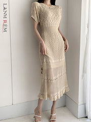 LANMREM Korean Style Elegant Knitted Dress Hollow Round Neck Wrap Hip Fishtail Dresses Female Chic Clothing 2022 Summer 2R2992