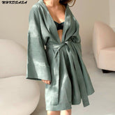 Green Robes For Women Sleepwear Cotton Long Sleeve Women's Dressing Gown Sexy Mini Dress 2022 Spring Bathrobe Female