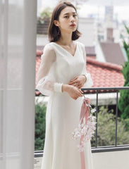 French light wedding dress super simple white satin bride go out gauze V-neck long-sleeved party daily dress female