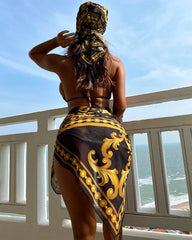 2023 new retro printed bikini swimsuit women's European and American mesh three-piece swimsuit split long skirt bikini