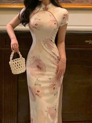 Women's 2023 Summer New Elegant Cheongsam Midi Dress Chinese Style Fashion Ladies Robe 4y20