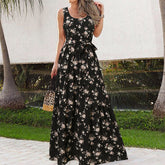 Celmia Ms. Bohemian resort style floral print dress European and American fashion temperament elegant round neck sleeveless lace-up skirt daily summer plus size trend seaside dating A-line skirt long skirt